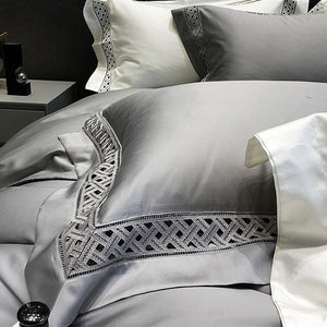 VILZSTUDIOS neutral satin bedding set with openwork lattice lace borders and flanged pillowcases
