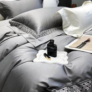VILZSTUDIOS neutral satin bedding set with openwork lattice lace borders and flanged pillowcases