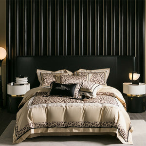 VILZSTUDIOS champagne-beige leopard satin bedding set with white floral lace and black piping