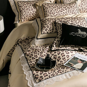 VILZSTUDIOS champagne-beige leopard satin bedding set with white floral lace and black piping