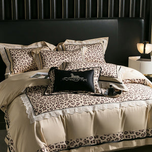VILZSTUDIOS champagne-beige leopard satin bedding set with white floral lace and black piping