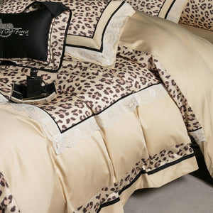 VILZSTUDIOS champagne-beige leopard satin bedding set with white floral lace and black piping