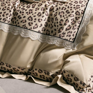 VILZSTUDIOS champagne-beige leopard satin bedding set with white floral lace and black piping