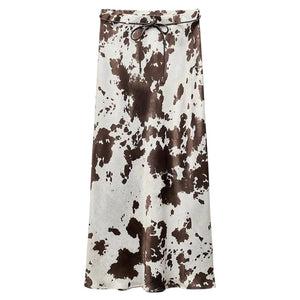VILZSTUDIOS Fashionable cow print satin maxi skirt