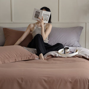 VILZSTUDIOS muted two-tone duvet cover set with contrasting reverse and flanged pillowcases