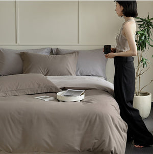 VILZSTUDIOS muted two-tone duvet cover set with contrasting reverse and flanged pillowcases