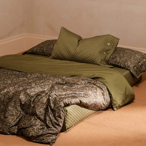 VILZSTUDIOS olive floral damask satin bedding set with diamond-quilted pillowcase detailing