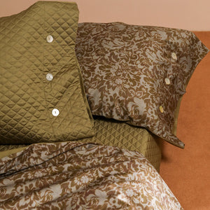 VILZSTUDIOS olive floral damask satin bedding set with diamond-quilted pillowcase detailing