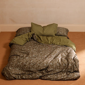 VILZSTUDIOS olive floral damask satin bedding set with diamond-quilted pillowcase detailing