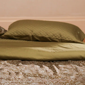 VILZSTUDIOS olive floral damask satin bedding set with diamond-quilted pillowcase detailing