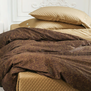 VILZSTUDIOS olive floral damask satin bedding set with diamond-quilted pillowcase detailing