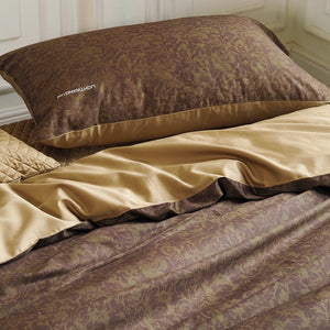 VILZSTUDIOS olive floral damask satin bedding set with diamond-quilted pillowcase detailing