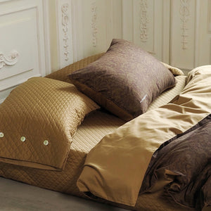 VILZSTUDIOS olive floral damask satin bedding set with diamond-quilted pillowcase detailing