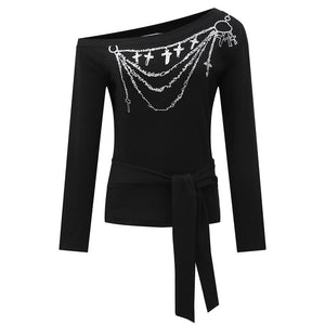 VILZSTUDIOS Stylish one-shoulder top featuring chain graphic design