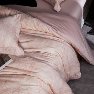 VILZSTUDIOS champagne beige, dusty rose pink, or taupe gray paisley bedding set with wide flanged pillowcases