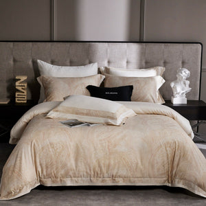 VILZSTUDIOS champagne beige, dusty rose pink, or taupe gray paisley bedding set with wide flanged pillowcases