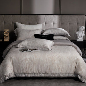 VILZSTUDIOS champagne beige, dusty rose pink, or taupe gray paisley bedding set with wide flanged pillowcases