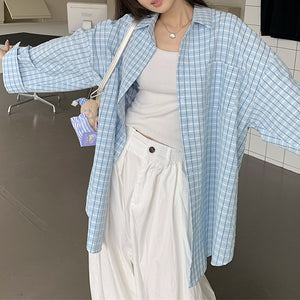 VILZSTUDIOS Oversized plaid shirt in baby blue