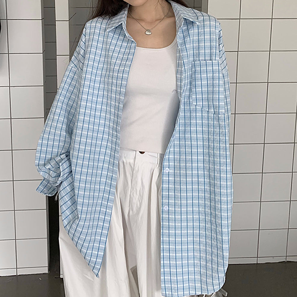 VILZSTUDIOS Oversized plaid shirt in baby blue