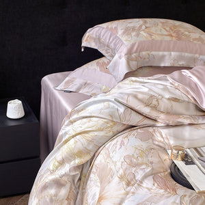 VILZSTUDIOS cream and blush painterly floral bedding set with wide pink pillowcase borders