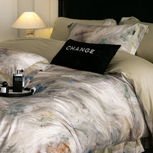 VILZSTUDIOS muted earthy-tone floral and marble print duvet cover set with wide flange borders