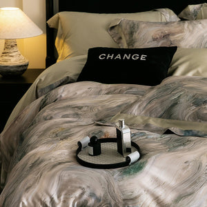 VILZSTUDIOS muted earthy-tone floral and marble print duvet cover set with wide flange borders