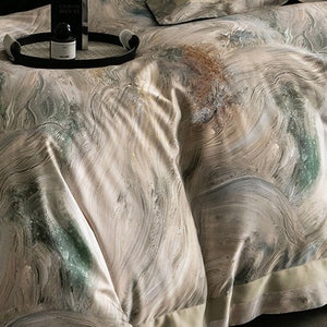 VILZSTUDIOS muted earthy-tone floral and marble print duvet cover set with wide flange borders