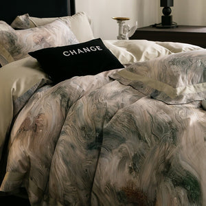 VILZSTUDIOS muted earthy-tone floral and marble print duvet cover set with wide flange borders