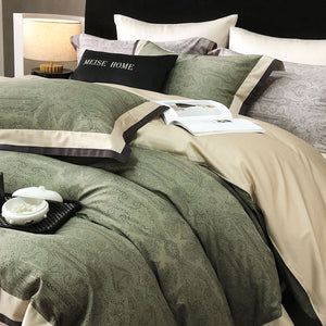 VILZSTUDIOS sage green and olive paisley duvet cover set with champagne borders and dark piping
