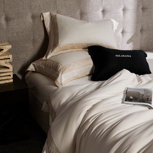 VILZSTUDIOS blush pink, ivory and cool grey satin bedding set with tonal paisley borders