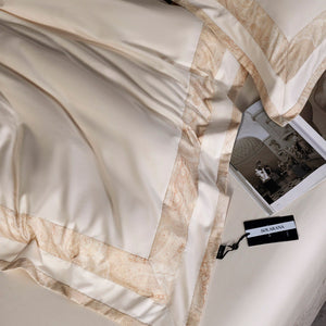 VILZSTUDIOS blush pink, ivory and cool grey satin bedding set with tonal paisley borders