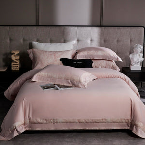 VILZSTUDIOS blush pink, ivory and cool grey satin bedding set with tonal paisley borders