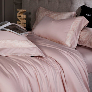 VILZSTUDIOS blush pink, ivory and cool grey satin bedding set with tonal paisley borders