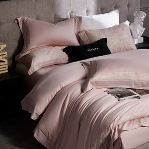 VILZSTUDIOS blush pink, ivory and cool grey satin bedding set with tonal paisley borders