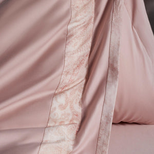 VILZSTUDIOS blush pink, ivory and cool grey satin bedding set with tonal paisley borders