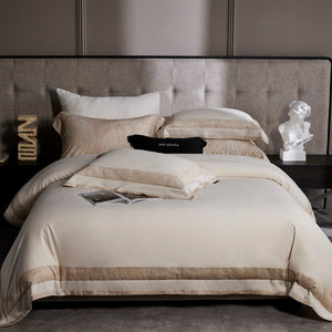 VILZSTUDIOS blush pink, ivory and cool grey satin bedding set with tonal paisley borders