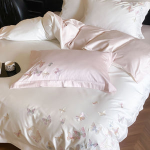 VILZSTUDIOS ivory and blush pink, blush pink or pale blue satin duvet cover set with pastel butterfly embroidery