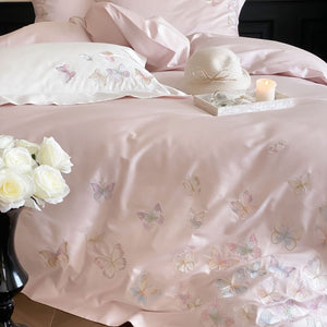 VILZSTUDIOS ivory and blush pink, blush pink or pale blue satin duvet cover set with pastel butterfly embroidery