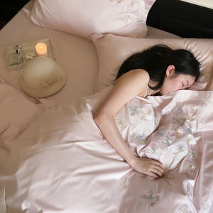 VILZSTUDIOS ivory and blush pink, blush pink or pale blue satin duvet cover set with pastel butterfly embroidery