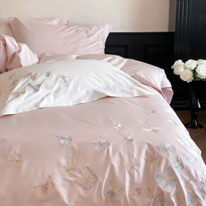 VILZSTUDIOS ivory and blush pink, blush pink or pale blue satin duvet cover set with pastel butterfly embroidery