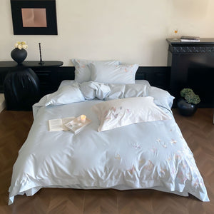 VILZSTUDIOS ivory and blush pink, blush pink or pale blue satin duvet cover set with pastel butterfly embroidery