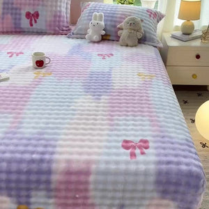 VILZSTUDIOS Pastel lilac blue and pink plaid fitted sheet with colorful bows and plush dimpled texture