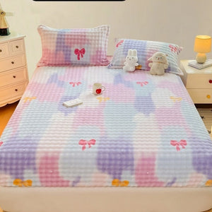 VILZSTUDIOS Pastel lilac blue and pink plaid fitted sheet with colorful bows and plush dimpled texture