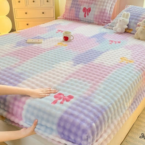 VILZSTUDIOS Pastel lilac blue and pink plaid fitted sheet with colorful bows and plush dimpled texture