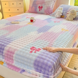 VILZSTUDIOS Pastel lilac blue and pink plaid fitted sheet with colorful bows and plush dimpled texture