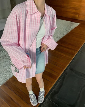 VILZSTUDIOS Pastel plaid oversized shirt with dropped shoulders and wide sleeves