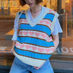 VILZSTUDIOS Pastel striped heart knit vest for trendy fashion