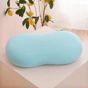 VILZSTUDIOS orange, sky blue, blush pink and charcoal gray peanut-shaped neck pillow with a central dip