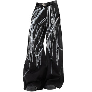 VILZSTUDIOS black wide-leg pants with pearl chain print
