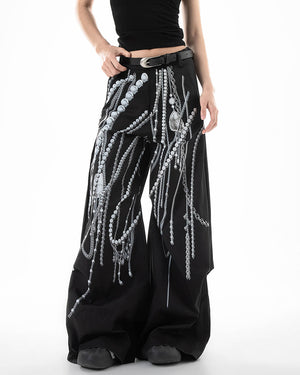 VILZSTUDIOS black wide-leg pants with pearl chain print